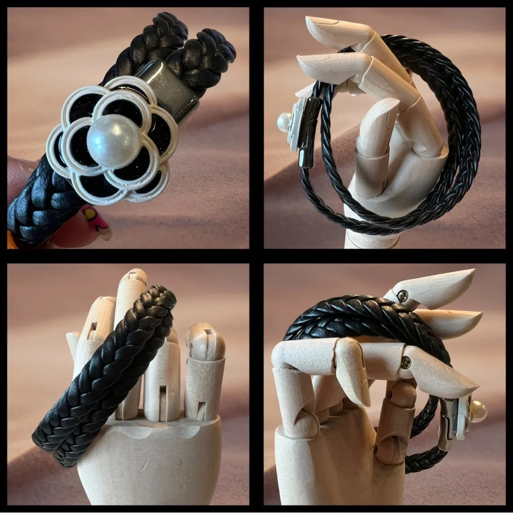 Black Braided Bracelet with Black & White Camellia Flower Charm - Picture 2 of 11